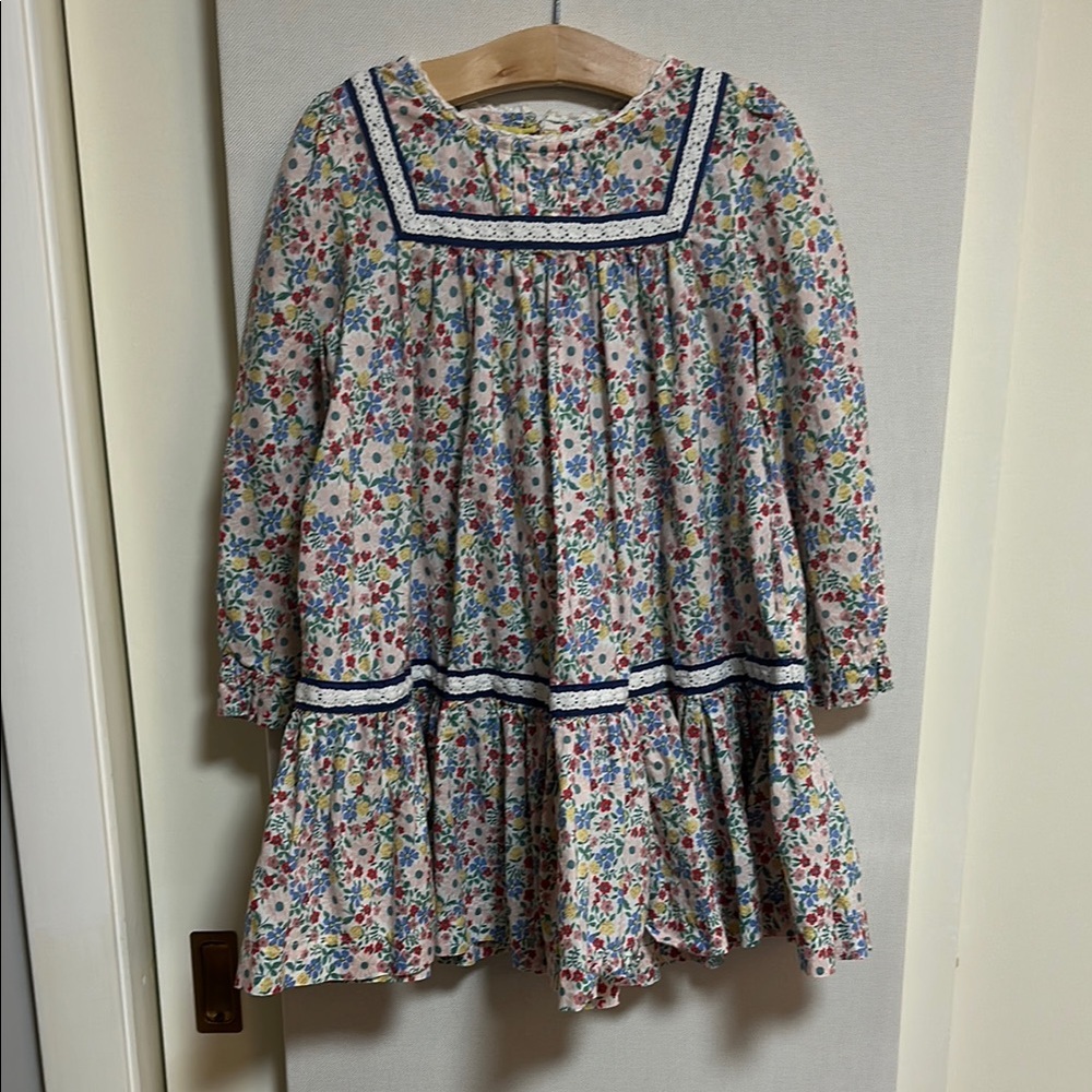 Floral Long Sleeve Dress with Blue Trim